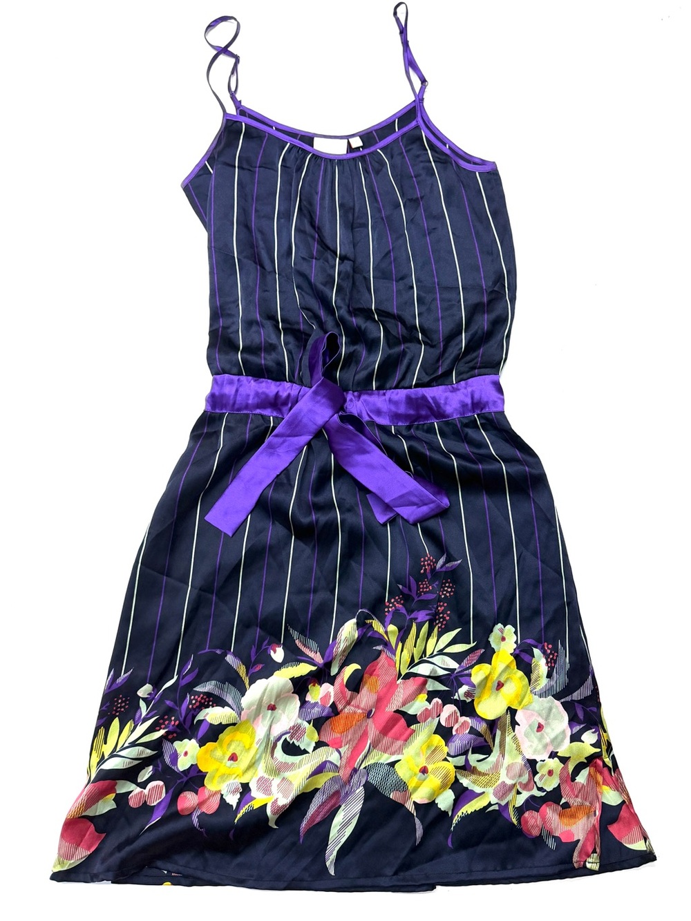 Bilingual Navy Blue Silk Floral Stripe Dress Purple Tie Waist